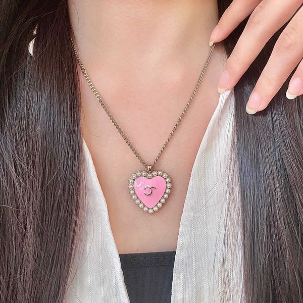 luxury Pendant Necklace Designer necklace Pearl heart shape necklace gold color women necklace trendy Double C necklace in pink and black